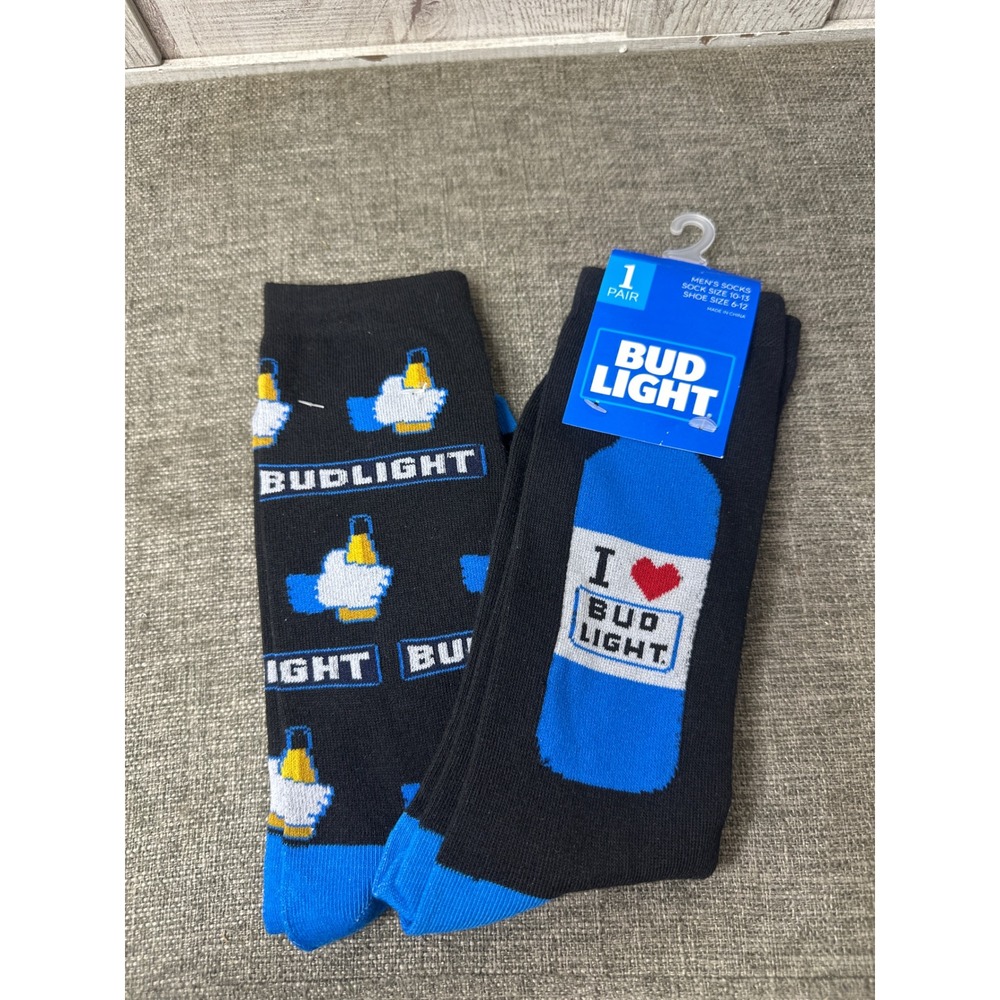 Bud Light Mens Crew Socks Black Blue Beer Bottle Logo Graphic Pack of 2